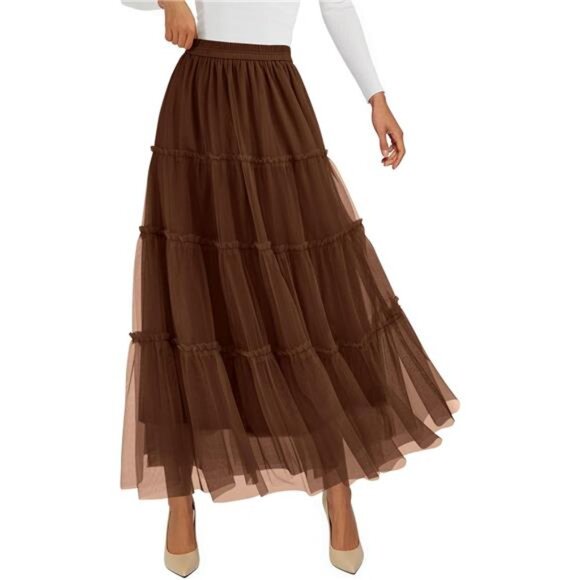Tulle Skirts, Fashion Elastic High Waisted Skirt Coffee - Picture 1 of 6